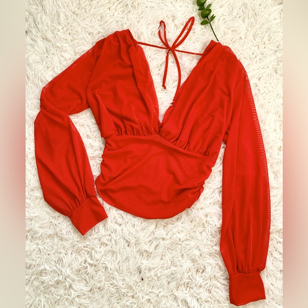 Red V-neck Crop Top Shirt-blouse